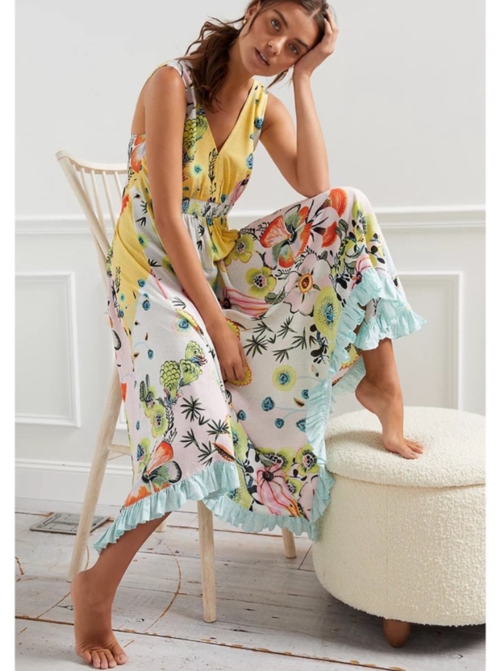 Anthropologie Margaux Floral Dress Pastel Floral Smocked Waist Lace Back Sz S